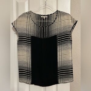 Elegant Black and Cream Patterned Silk Blouse